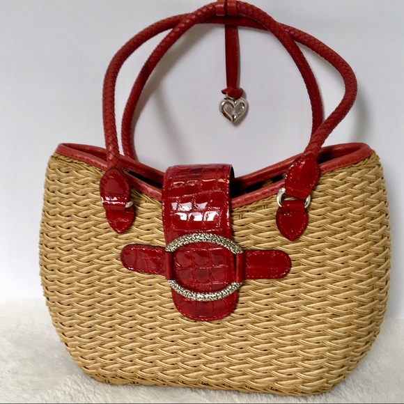 Brighton Handbags - Brighton Red Trim Straw/Jute and Leather Tote EUC